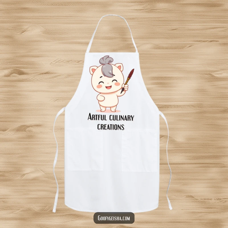 Funny apron showing a proud character holding a tiny calligraphy brush, perfect for adding artistic flair to kitchen activities.