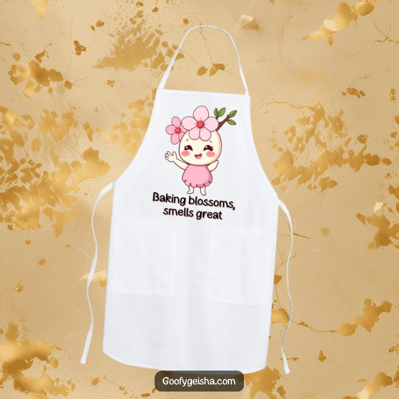 Funny Cherry Blossom Apron with a smiling flower character waving hello, designed for cheerful cooking experiences.