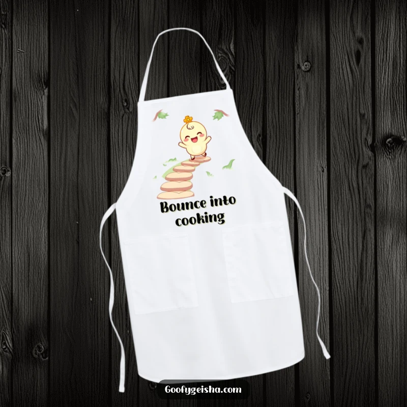 Funny apron showcasing a giggling lucky charm character bouncing along a path, perfect for cooking or crafting while bringing good fortune and joy.