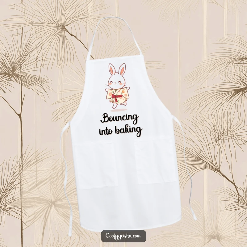 Funny bouncy bunny wearing a floral kimono, happily skipping while cooking, designed for a humorous and functional apron.