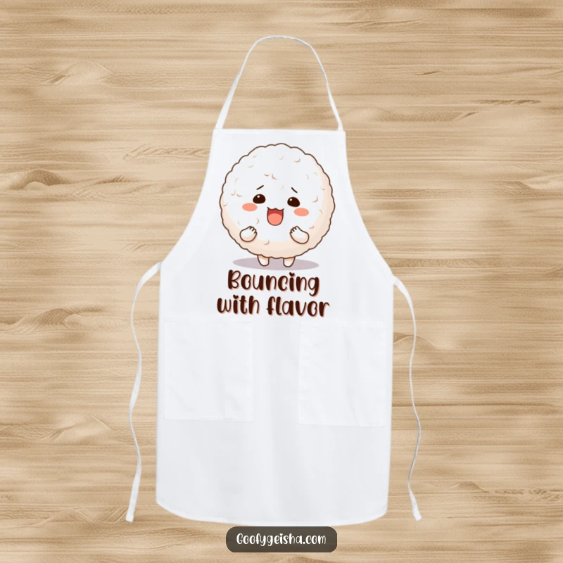 Funny apron showing a character with a very silly face holding a giant, bouncy rice ball while cooking.