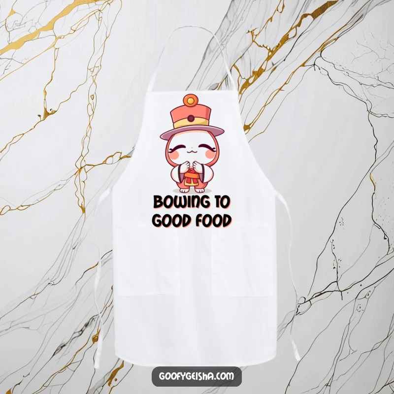 Funny apron showing a character wearing a daruma doll top hat, bowing politely while preparing a meal.