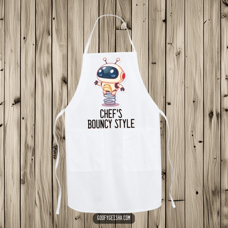Funny apron depicting a tiny round robot bouncing on a spring, a delightful accessory for any kitchen.