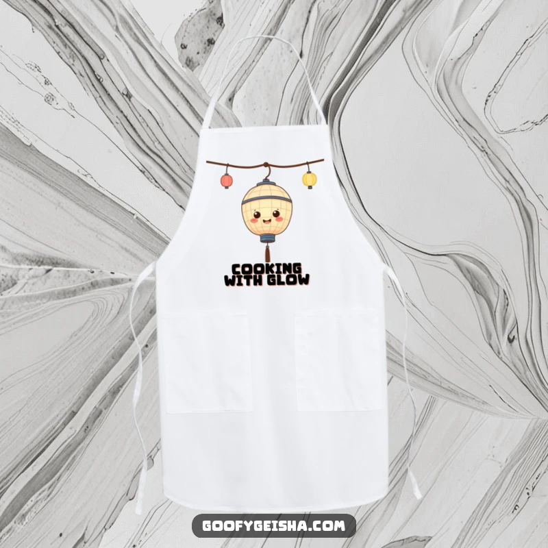 Funny paper lantern apron character cheerfully bobbing while cooking, adding a playful and energetic touch to kitchen wear. A humorous culinary companion.