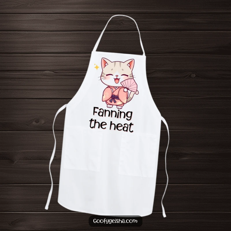 Funny Apron: A cute Kawaii cat in a kimono, fanning itself with enthusiasm, ready to add charm to any cooking task.