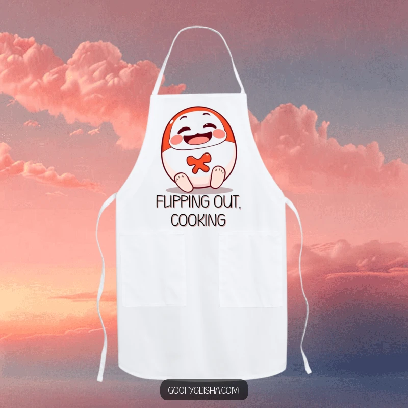 Funny Daruma Doll Apron with a smiling character cheerfully rolling onto its feet, bringing motivational vibes to the kitchen.