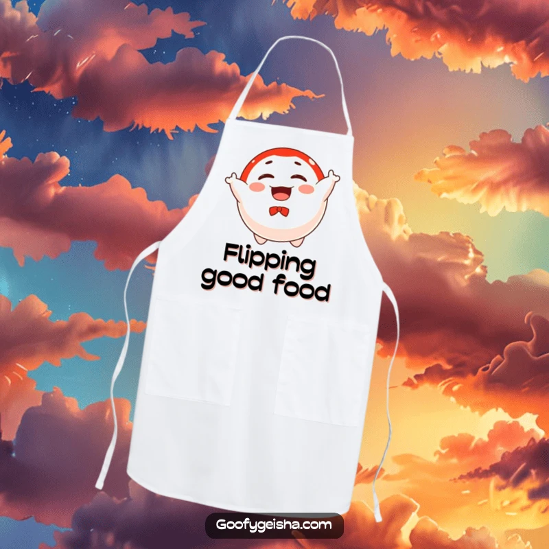Funny apron featuring a floating Daruma doll character joyfully spinning, adding a humorous and lucky touch to cooking.