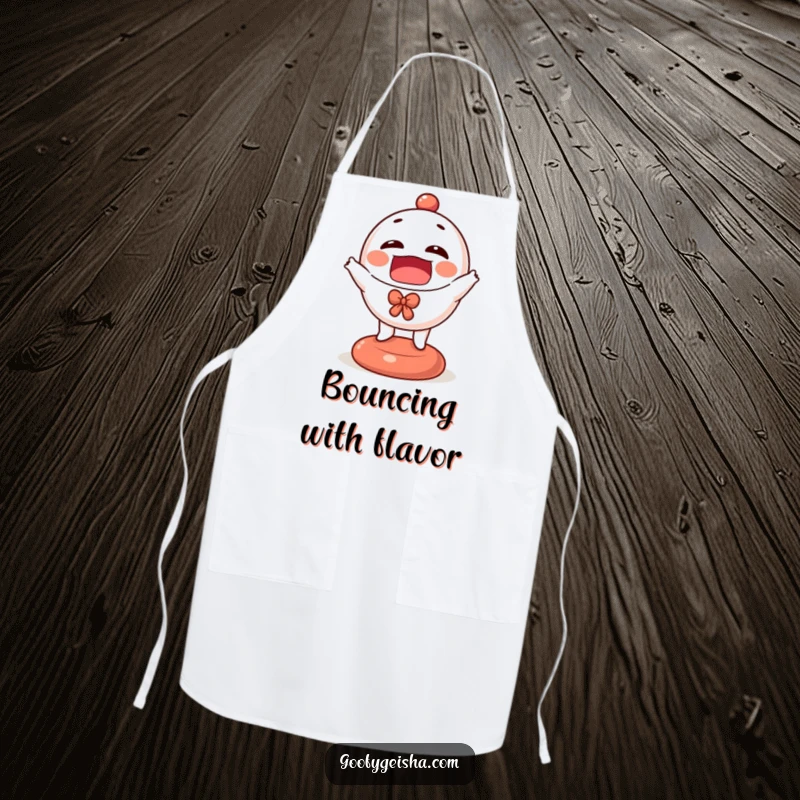 Funny Daruma doll apron showcasing a tiny, animated character bouncing with excitement, ideal for a cheerful cooking experience.