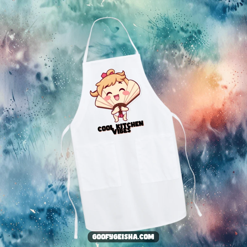 Funny apron showcasing a smiling fan character in a cheerful flourish, ideal for cooking or crafting while adding a playful, protective layer.