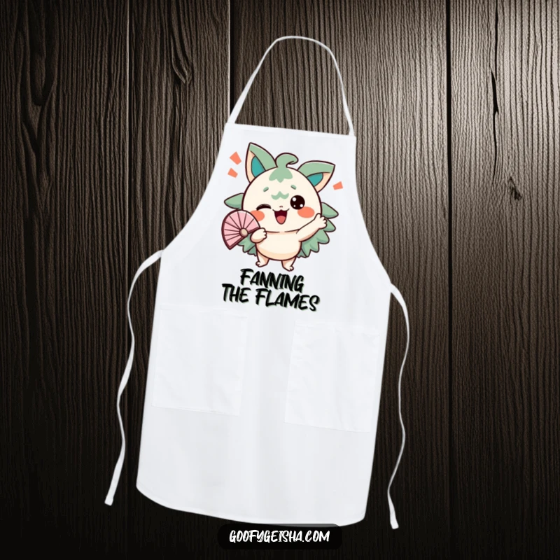 Funny apron with a character energetically fanning itself with a comical expression. Ideal for chefs feeling the heat.