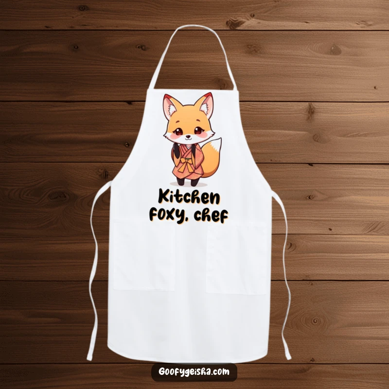 Funny Fox Kimono Apron with a cute fox wearing a kimono and performing a playful bow, adding charm to cooking.