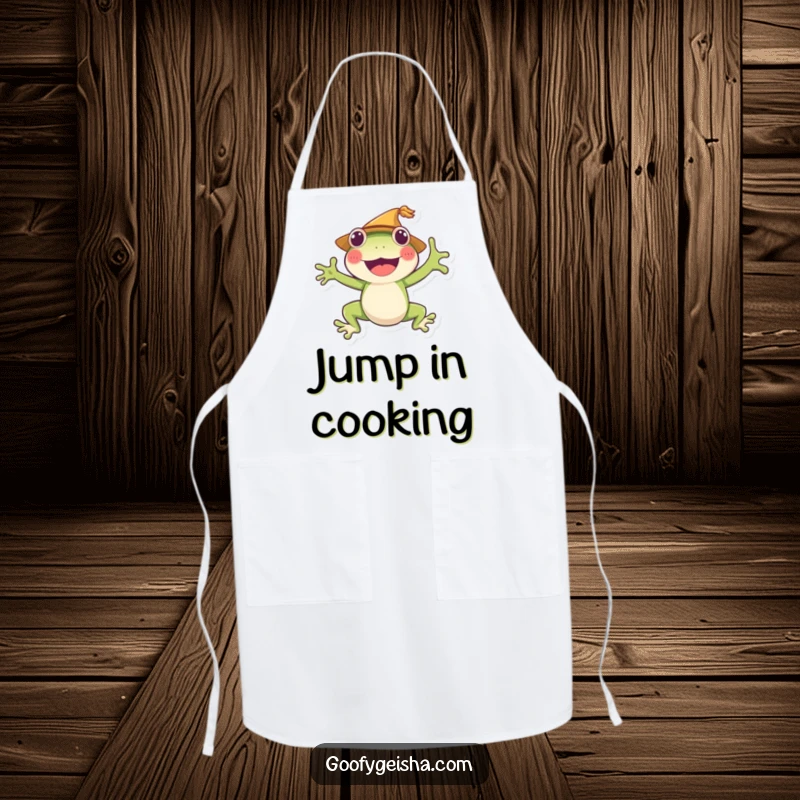 Funny frog apron with a straw-hatted character joyfully jumping, adding a splash of fun to kitchen wear. A humorous culinary companion.