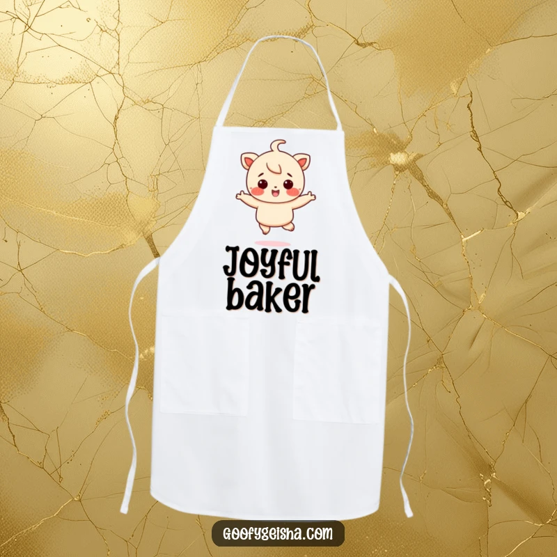 Funny apron featuring a rosy-cheeked character doing a joyful jump, perfect for adding humor and cheer to cooking tasks.