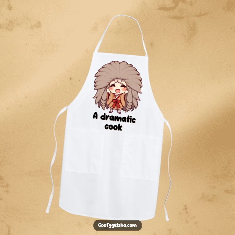 Funny apron showing a character excitedly attempting to wear a large Kabuki wig, ideal for dramatic and humorous cooking sessions.