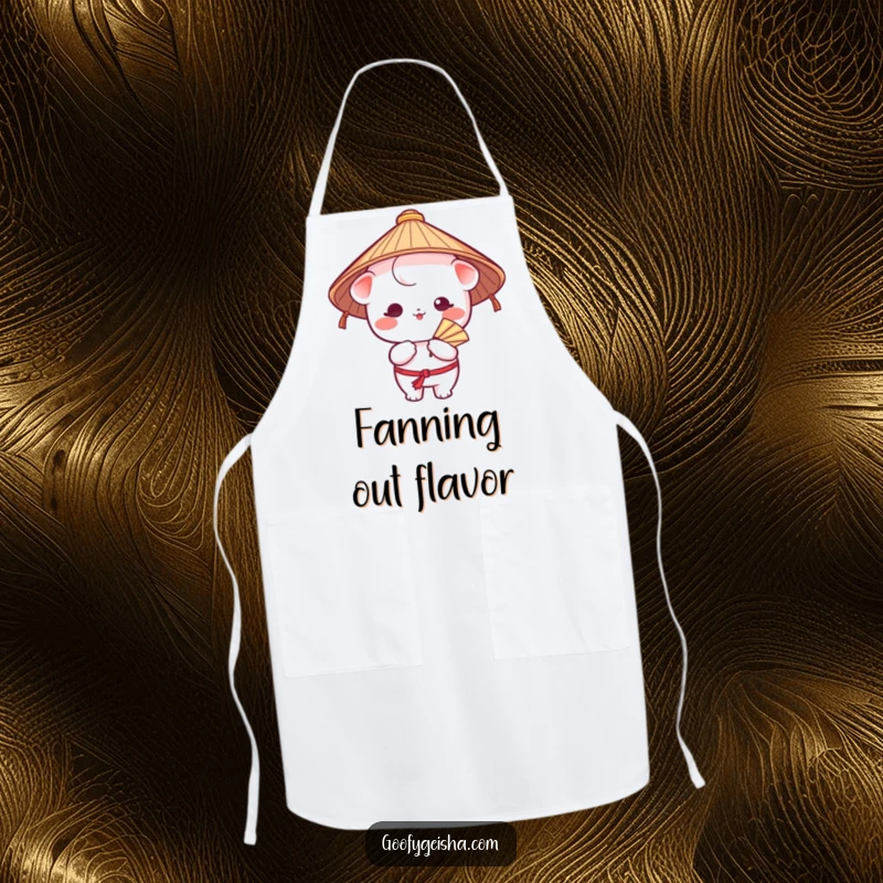 Funny apron for chefs with a Kawaii character in a Japanese hat, comically fanning itself, adding a humorous and cool touch to cooking.