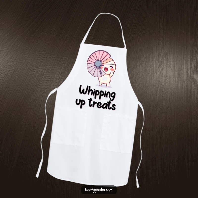 Funny apron featuring a round Kawaii character excitedly holding a giant fan, adding a humorous and energetic touch to cooking.