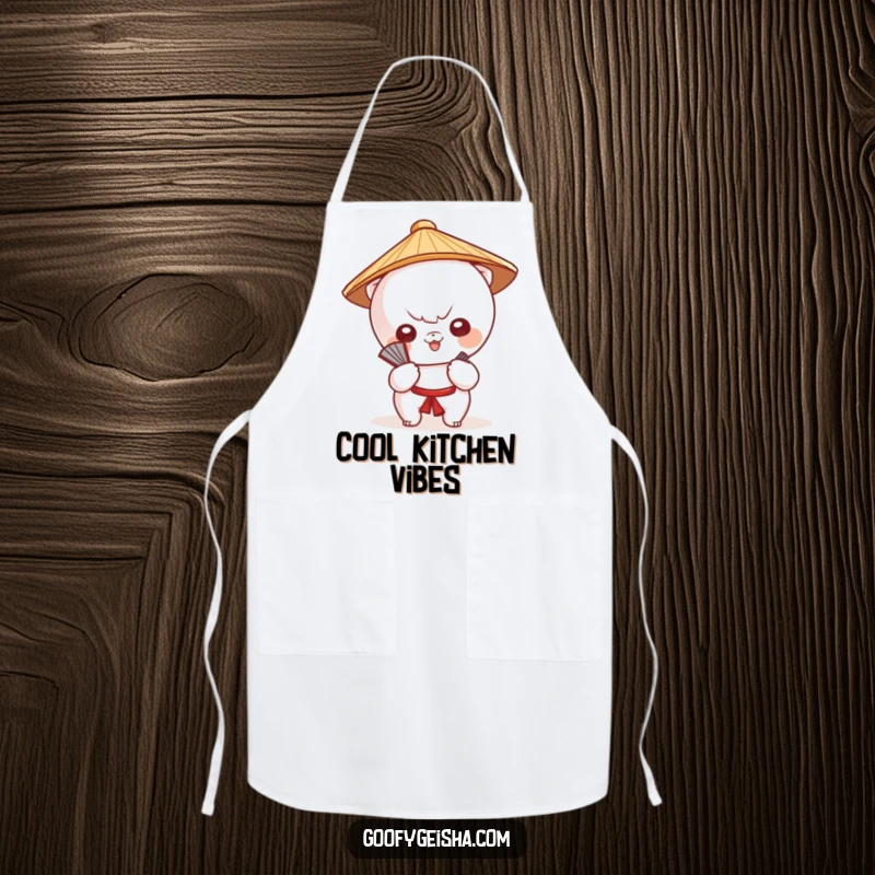 Funny apron shows a cute Kawaii character in a Japanese hat, fanning itself, making cooking more amusing.