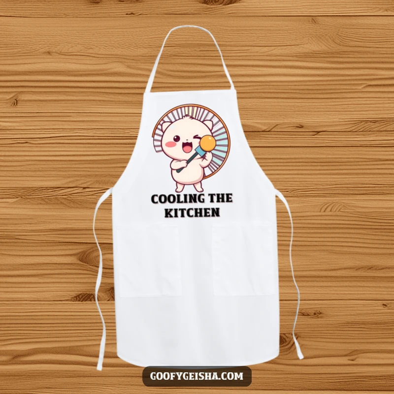 Funny apron shows a cute Kawaii character holding a huge fan, making kitchen tasks more breezy.
