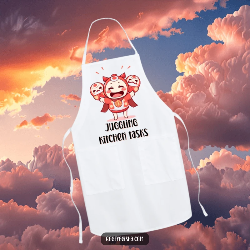 Funny Kawaii Apron: Character juggling daruma dolls with a bewildered look, ideal for the multi-tasking chef. Humorous funny gift.