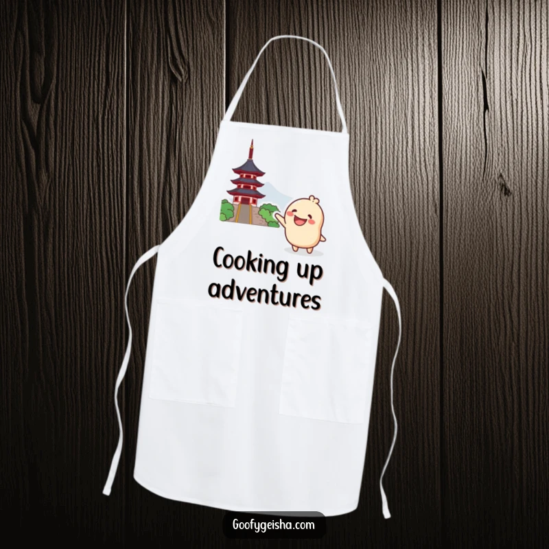 Funny Kawaii Apron: Grinning character excitedly pointing towards a distant pagoda, perfect for cooking, baking, and adding funny flair to the kitchen.