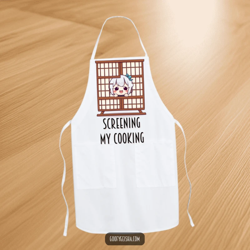 Funny Kawaii Apron: Giggling character peeking from behind Shoji screen, ideal for a playful chef. Humorous funny gift.