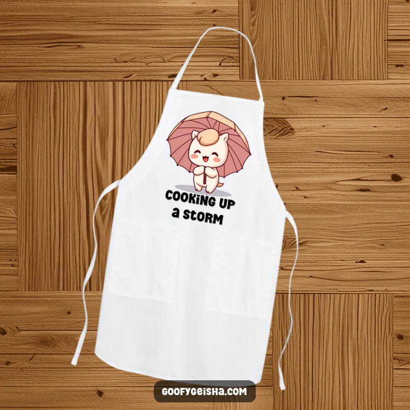 Funny Kawaii apron showing a cute character happily spinning with a comical umbrella tilted sideways, adding humor to cooking.