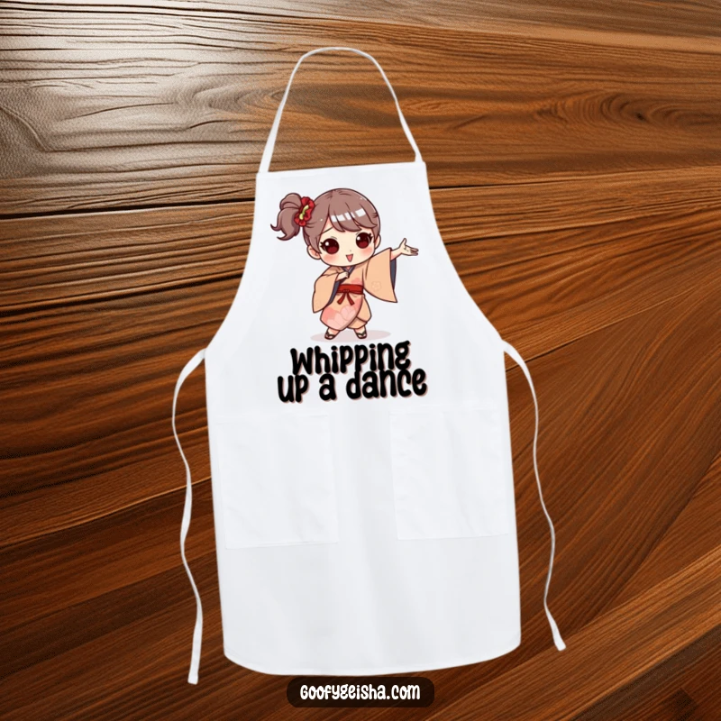 Funny apron displaying a character in a whimsical kimono performing an amusingly exaggerated, high-energy dance move.