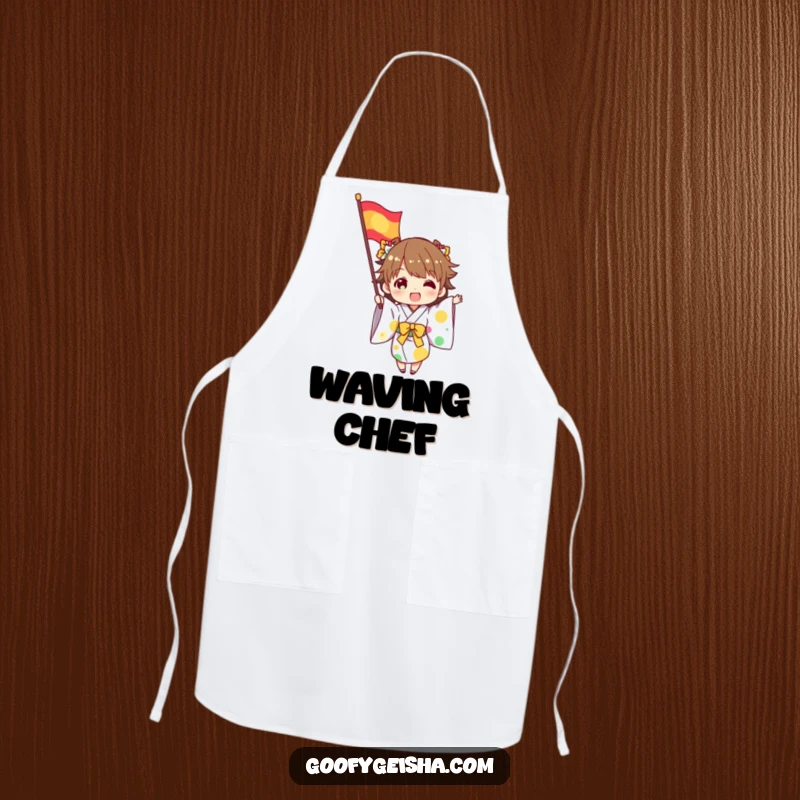 Funny apron featuring a character in a kimono excitedly waving a colorful flag, ideal for festive cooking and kitchen fun.