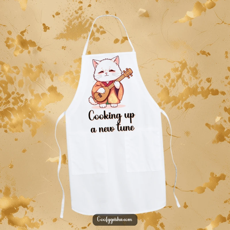 Funny Apron depicting a fluffy white cat in a vibrant kimono awkwardly playing a shamisen, adding a humorous artistic touch to kitchen wear.