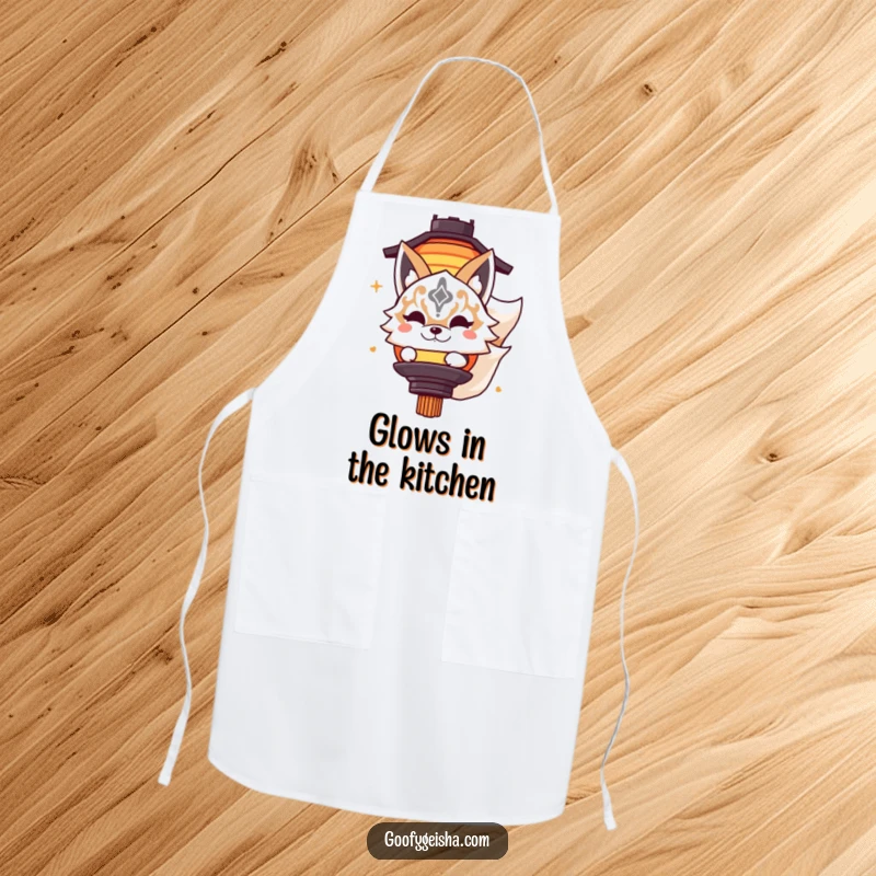 Funny apron featuring a cute Kitsune masked character playfully peeking from behind a lantern, adding a humorous and intriguing touch to cooking.