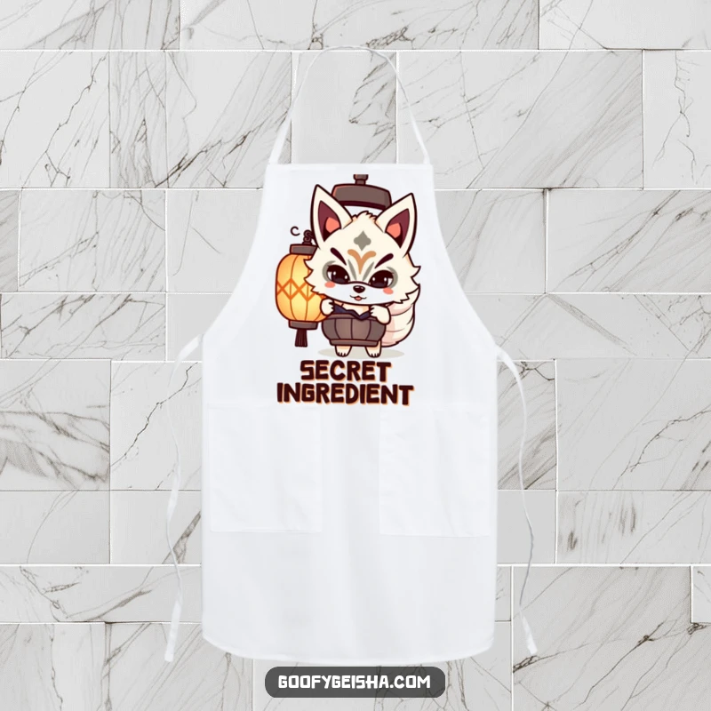 Funny Kitsune mask apron featuring a cute character playfully peeking, ideal for adding humor to cooking.