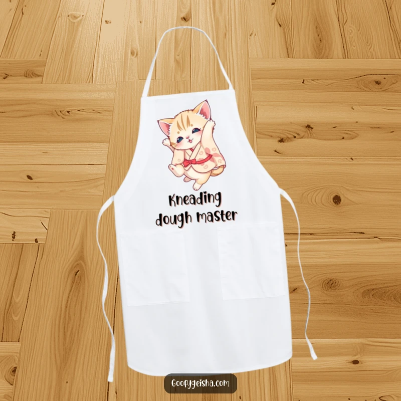 Funny kitten apron depicting a kitten in a kimono performing a somersault, ideal for kitchen protection.