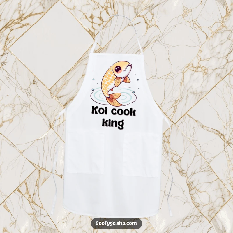 Funny apron showing a lively koi fish character leaping from stylized water ripples, perfect for kitchen use or parties.