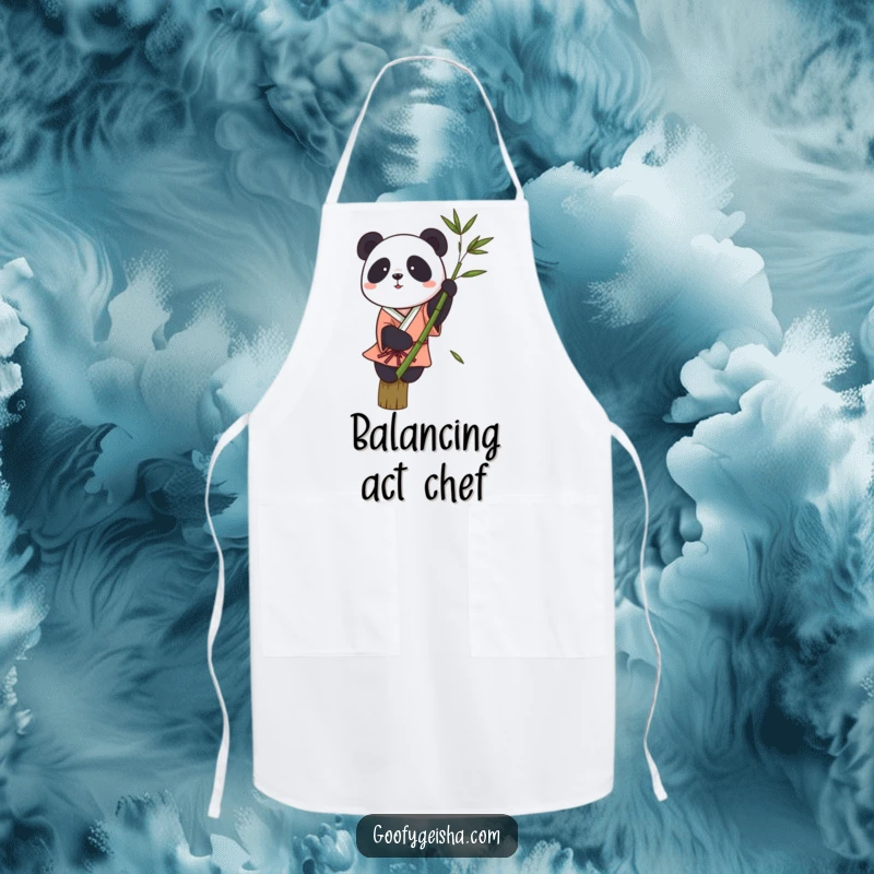 Funny apron with a small panda in a kimono trying to balance on a bamboo stalk while cooking, a comical kitchen helper.