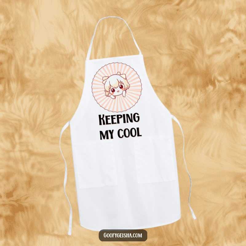 Funny apron showing a cute character peeking from behind a large fan, waving enthusiastically while cooking.
