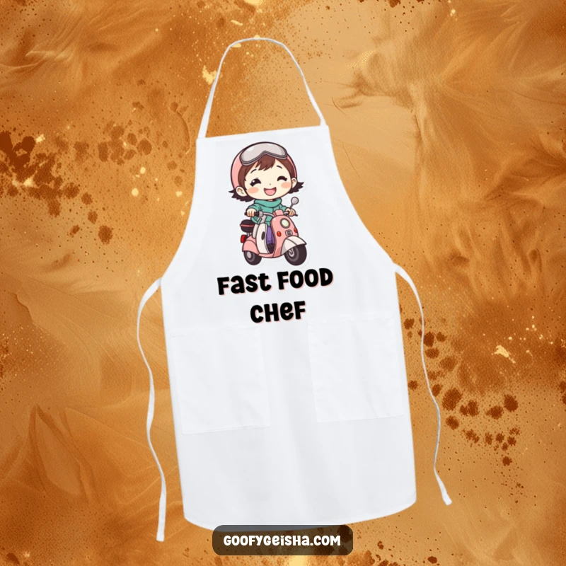 Funny apron showing a cheerful character with a bright grin riding a tiny scooter, perfect for adding humor to the kitchen.
