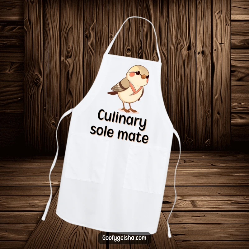 Funny apron with a curious sparrow in a dainty kimono attempting to wear geta sandals, a humorous kitchen accessory.