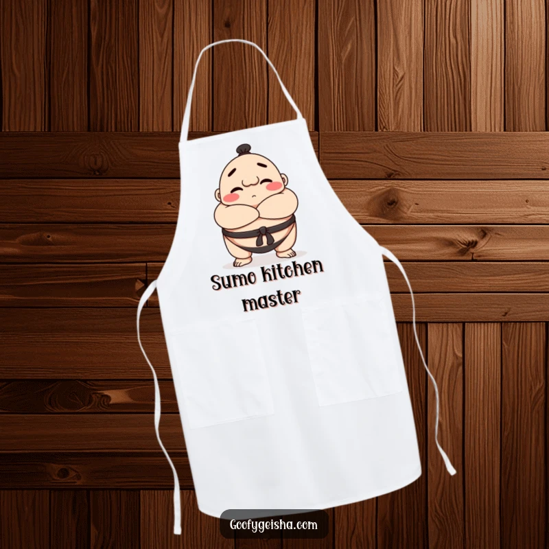 Funny Sumo wrestler apron showcasing a happy character bowing with crossed arms, ideal for a fun and respectful cooking experience.