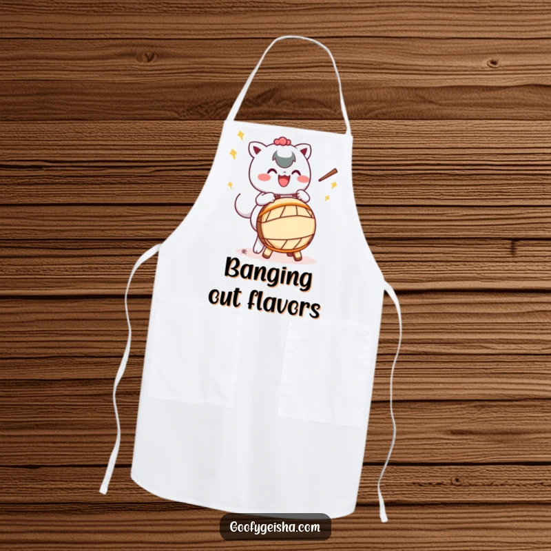Funny apron featuring a Kawaii character energetically playing a Taiko drum with exaggerated motions, adding a humorous and rhythmic touch to cooking.
