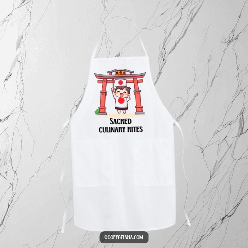 Funny apron with an excited Torii gate character waving a small Japanese flag, ready for culinary explorations.