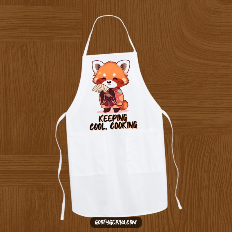 Funny red panda wearing a vibrant kimono, fanning itself playfully while cooking, designed for a humorous and functional apron.