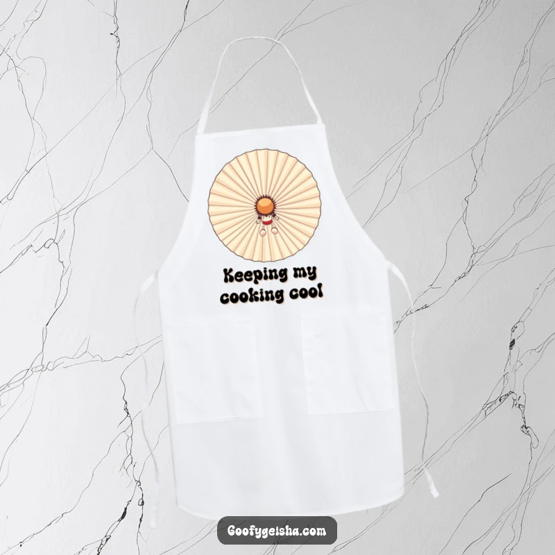 Funny apron showing a character using a big, smiling fan for cool protection while cooking. A humorous kitchen accessory for beating the heat.