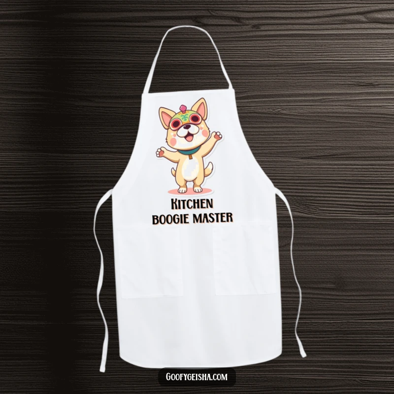 Funny apron showing a dog wearing a festival mask, dancing while cooking, perfect for adding humor to the kitchen.