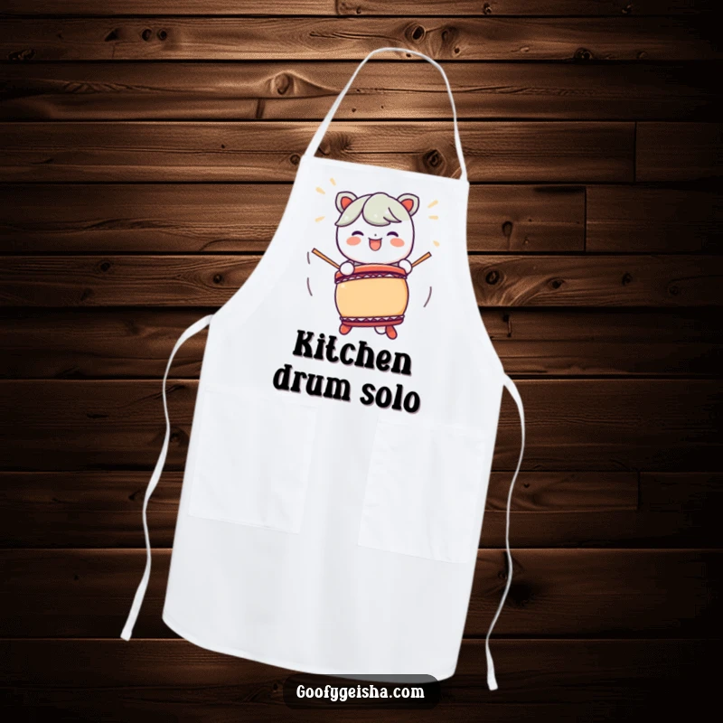 Funny Kawaii character Taiko drum apron, featuring exaggerated motions for a fun and musical addition to kitchen wear.