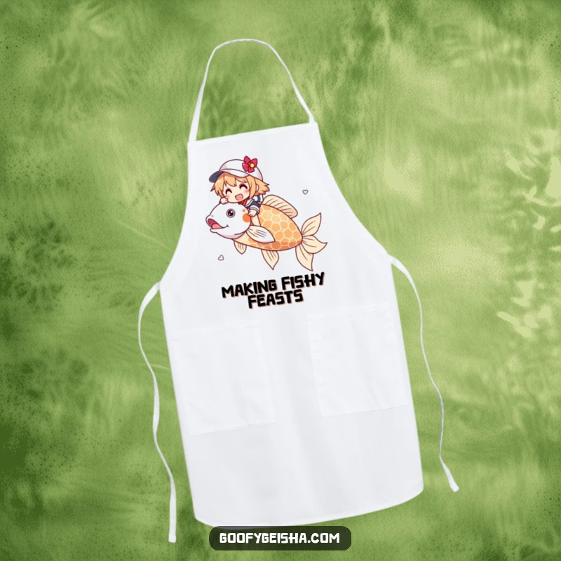 Funny apron showing a character joyfully riding a large koi fish. A humorous kitchen accessory for those who dream big.