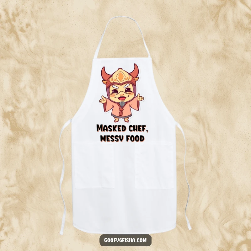 Funny apron with a character in a traditional mask striking a comical, delighted pose, ideal for kitchen fun and adding a festive spirit.