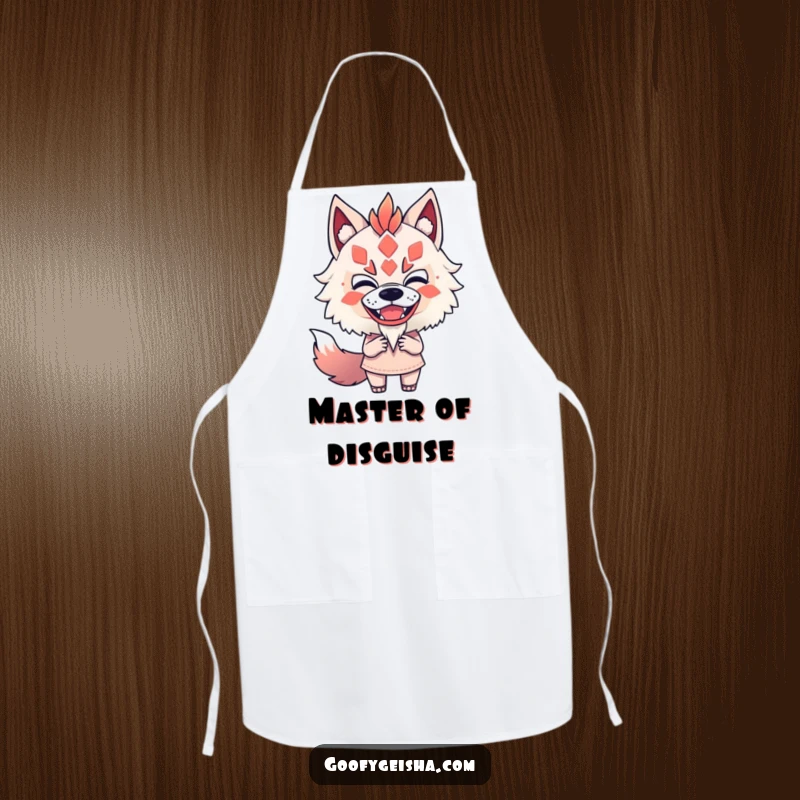 Funny apron depicting a character fearlessly and playfully mimicking a Kitsune mask while cooking, blending style with humor.