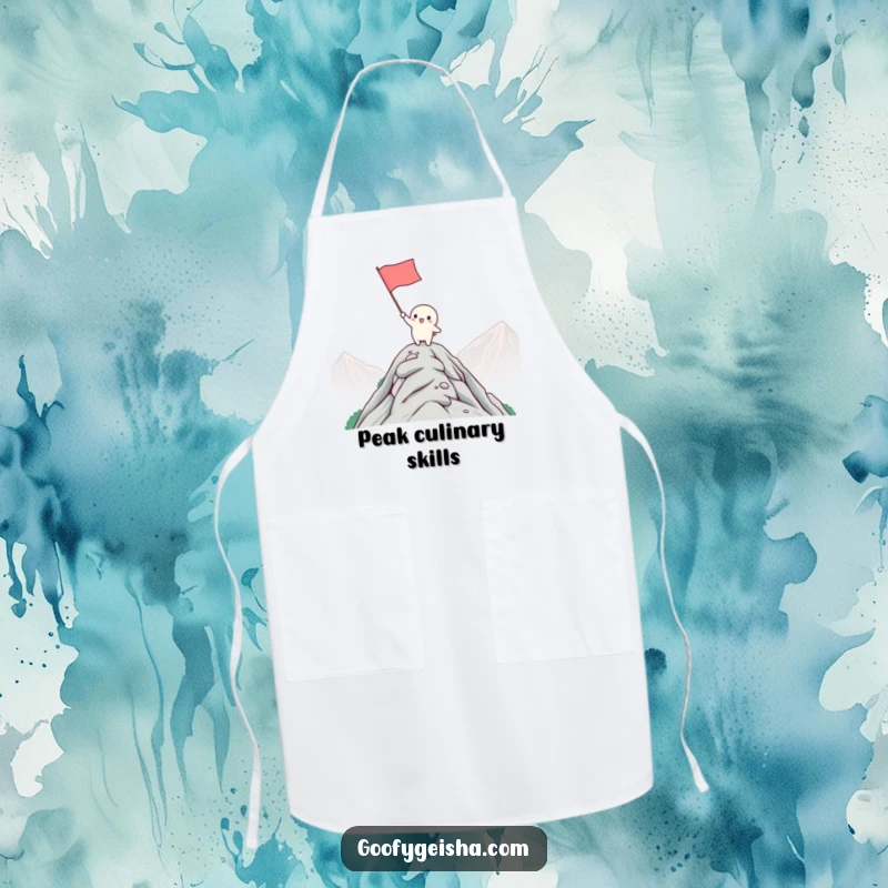 Funny Kawaii Apron: Character on a mountaintop waving a flag, ready to cook up a storm. Humorous kitchen gift.
