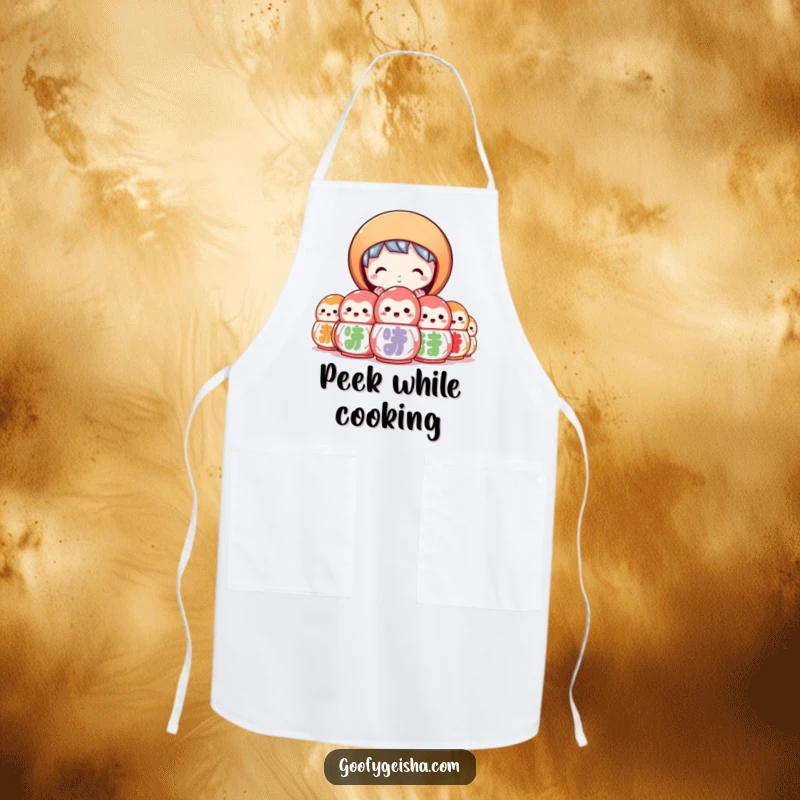 Funny apron with a character peeking curiously from behind colorful daruma dolls. Ideal for fun in the kitchen.