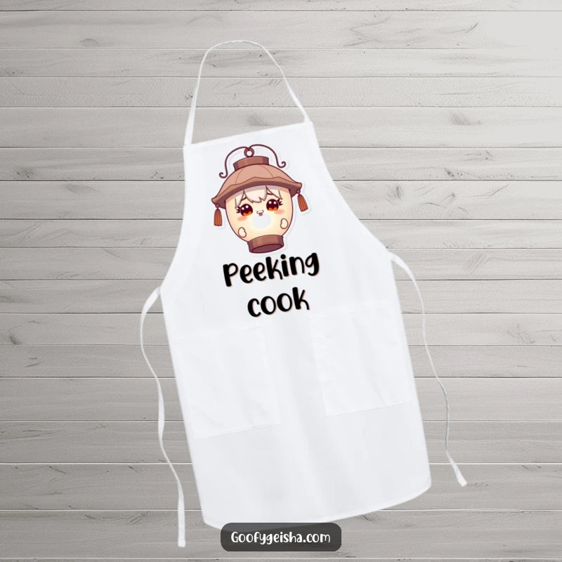 Funny apron featuring a character with wide, curious eyes peeking around a large lantern, ideal for adding mystery and humor to cooking.